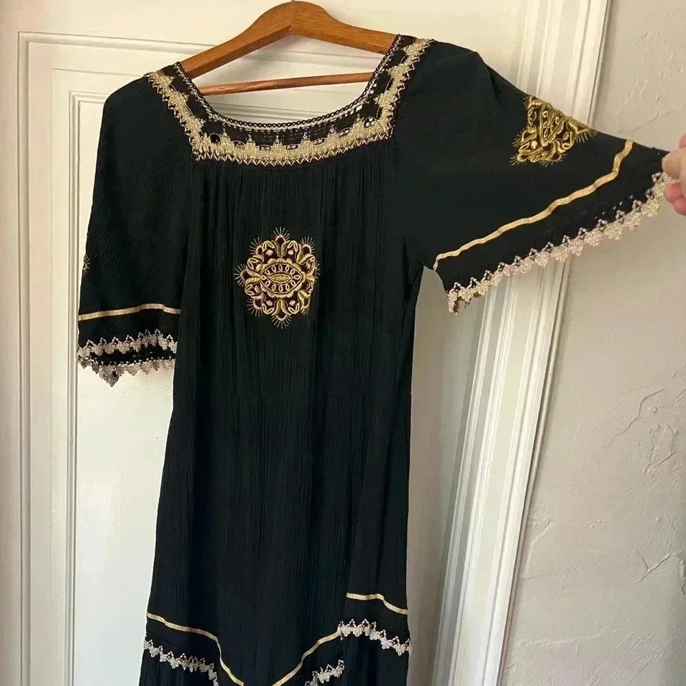 Vintage Greek Embroidered Boho Dress - Black & Gold Cotton Midi size M - Picture 3 of 10